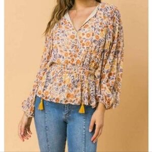 Flying Tomato Tan Floral Boho Smocked Waist Top - Sz Small